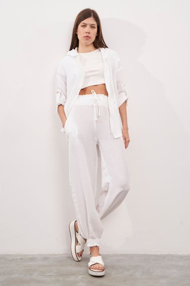 Women's White Color Summer Linen Fabric Jogger Fit Pants - photo 2