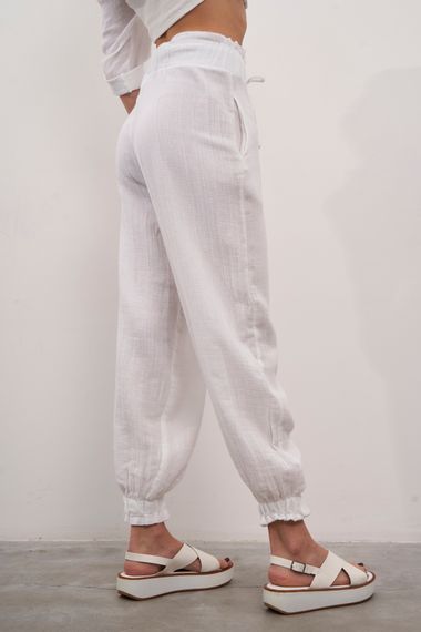 Women's White Color Summer Linen Fabric Jogger Fit Pants - photo 3