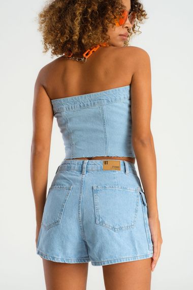 Women's Slim Denim Color Button Front Strapless Denim Bustier - photo 4