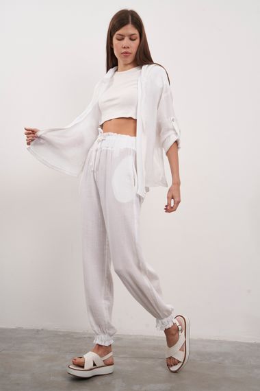 Women's White Color Summer Linen Fabric Jogger Fit Pants - photo 5