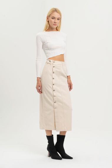 Women's Raw Beige Color Front Buttoned Maxi Length Denim Skirt - photo 5