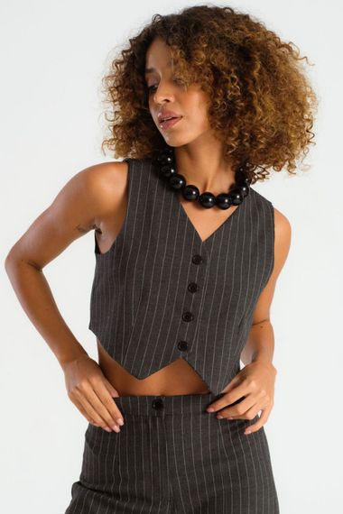 Women's Anthracite Striped Color Front Buttoned Crop Fit Fabric Vest - photo 2