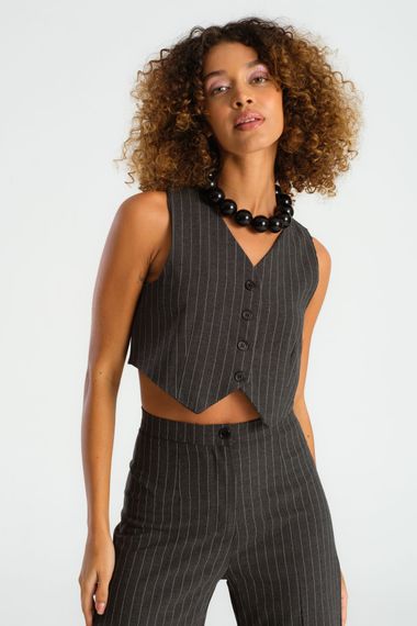 Women's Anthracite Striped Color Front Buttoned Crop Fit Fabric Vest - photo 5