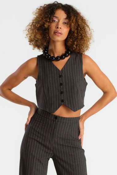 Women's Anthracite Striped Color Front Buttoned Crop Fit Fabric Vest - photo 4