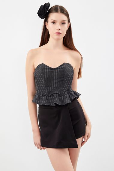 Women's Anthracite Color Striped Fabric Ruffle Bustier - photo 2