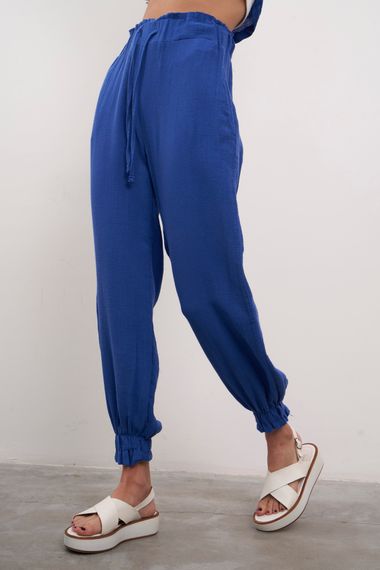 Women's Sax Blue Color Summer Linen Fabric Jogger Fit Pants - photo 1