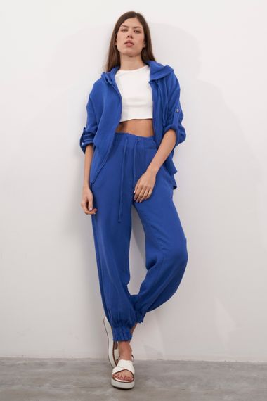 Women's Sax Blue Color Summer Linen Fabric Jogger Fit Pants - photo 2