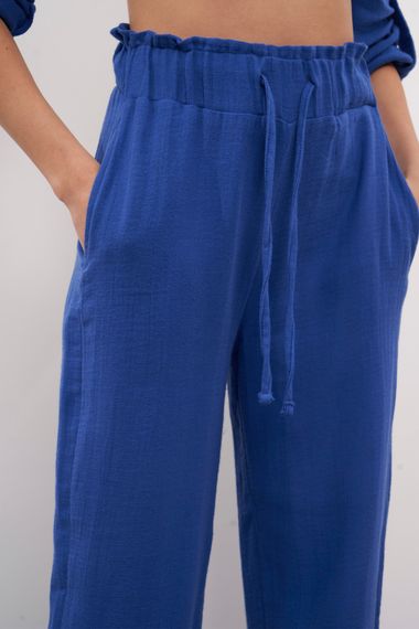 Women's Sax Blue Color Summer Linen Fabric Jogger Fit Pants - photo 4