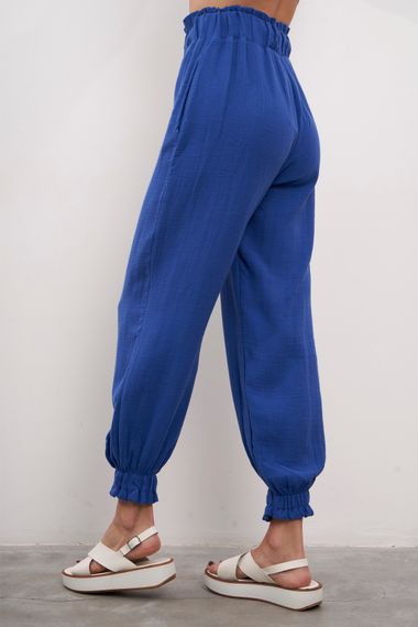 Women's Sax Blue Color Summer Linen Fabric Jogger Fit Pants - photo 3