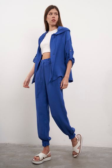 Women's Sax Blue Color Summer Linen Fabric Jogger Fit Pants - photo 5