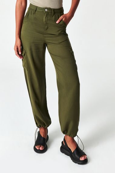 Women's Khaki Color Cargo Pocket Leg Elastic Jogger Fit 100% Cotton Trousers - photo 2