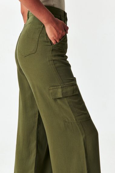 Women's Khaki Color Cargo Pocket Leg Elastic Jogger Fit 100% Cotton Trousers - photo 5