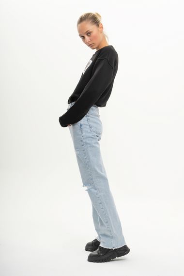 Women's Snow Denim Colored Straight Fit Denim Trousers with Tassels and Laser Detail - photo 3