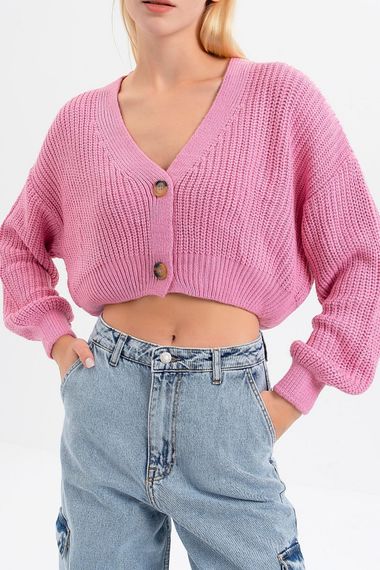 Women's Pink Color Thick Knitted Two-Button Crop Knitwear Cardigan - photo 1