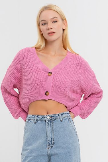 Women's Pink Color Thick Knitted Two-Button Crop Knitwear Cardigan - photo 4