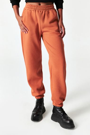 Women's Brick Color Sweatpants with Elastic Waist and Legs and Ribbon Inside - photo 1