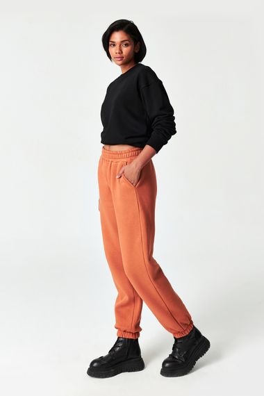 Women's Brick Color Sweatpants with Elastic Waist and Legs and Ribbon Inside - photo 2