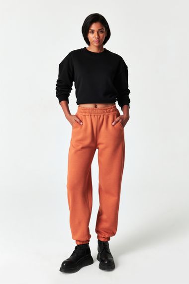 Women's Brick Color Sweatpants with Elastic Waist and Legs and Ribbon Inside - photo 4