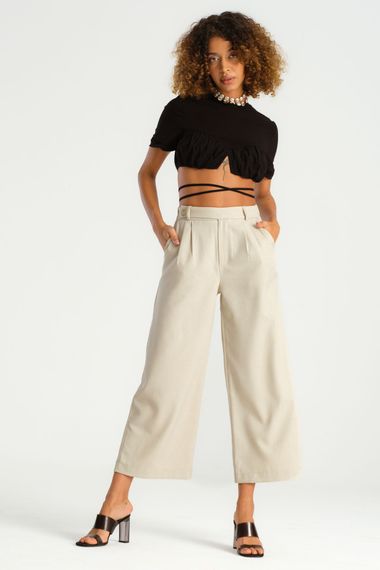 Women's Beige Belt Detailed Front Pleated Wide Leg Culotte Trousers - photo 1