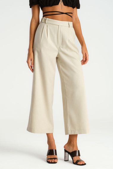 Women's Beige Belt Detailed Front Pleated Wide Leg Culotte Trousers - photo 2