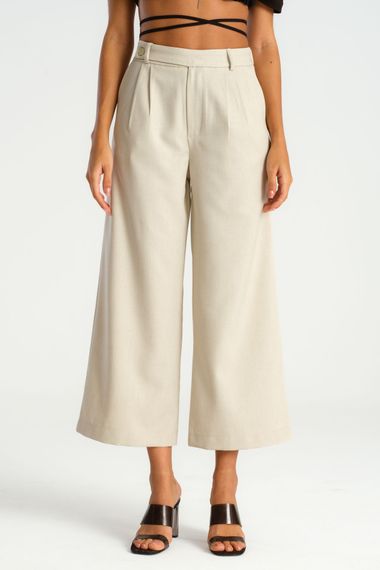 Women's Beige Belt Detailed Front Pleated Wide Leg Culotte Trousers - photo 5