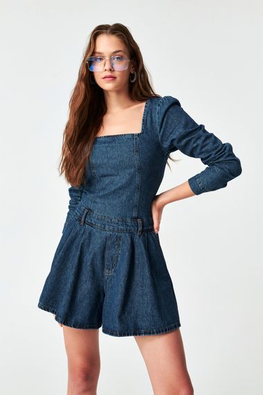 Women's Tint Denim Color Long Sleeve Denim Shorts Jumpsuit - photo 1