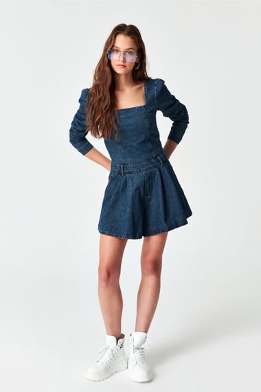 Women's Tint Denim Color Long Sleeve Denim Shorts Jumpsuit - photo 2