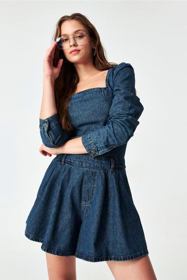 Women's Tint Denim Color Long Sleeve Denim Shorts Jumpsuit - photo 4