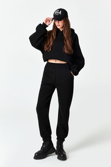 Women's Black Color Elastic Waist and Leg Sweatpants with Ribbon Inside - photo 3