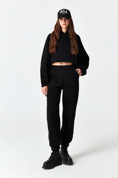 Women's Black Color Elastic Waist and Leg Sweatpants with Ribbon Inside - photo 5