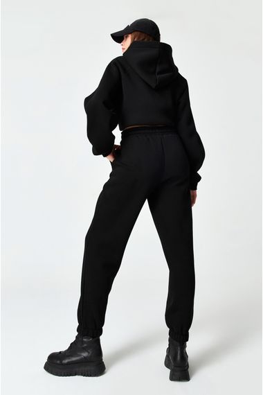 Women's Black Color Elastic Waist and Leg Sweatpants with Ribbon Inside - photo 4