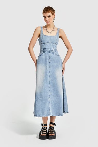 Women's Denim Color Maxi Length A Type Cut Denim Dress - photo 2