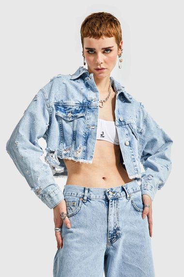 Women's Snow Denim Color Ripped Detailed Crop Jacket - photo 2