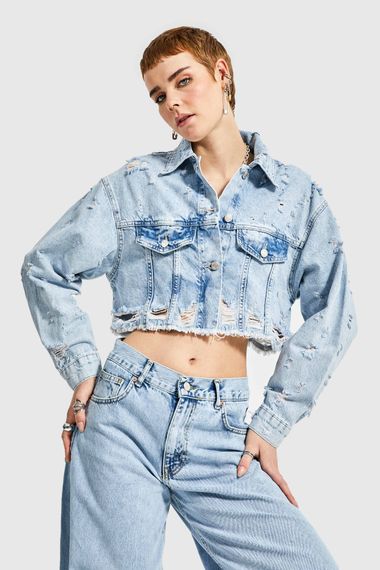 Women's Snow Denim Color Ripped Detailed Crop Jacket - photo 1