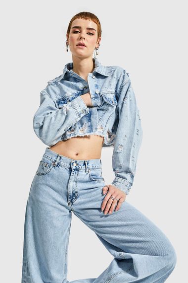 Women's Snow Denim Color Ripped Detailed Crop Jacket - photo 5