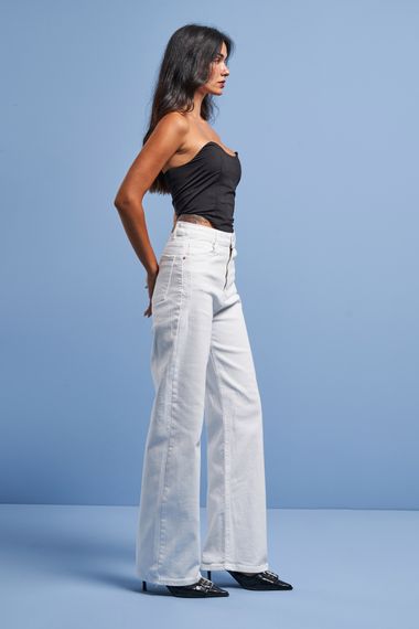 Kadın Beyaz Renk Likralı Kumaş Wide Leg Denim - صورة 2