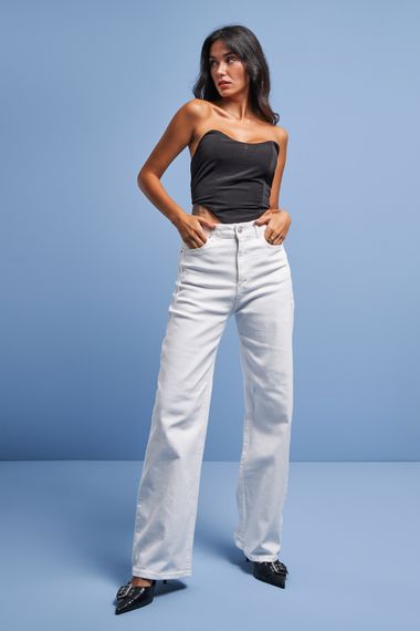 Kadın Beyaz Renk Likralı Kumaş Wide Leg Denim - photo 3