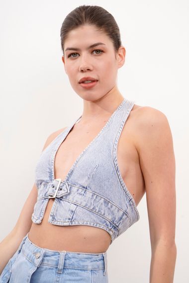 Women's Snow Denim Color Bustier Denim Bustier with Halter Neck Buckle - photo 5