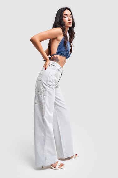 Kadın Çizgili Mavi Renk Kumaş Kemer Detaylı Wide Leg Tasarım Denim - صورة 2