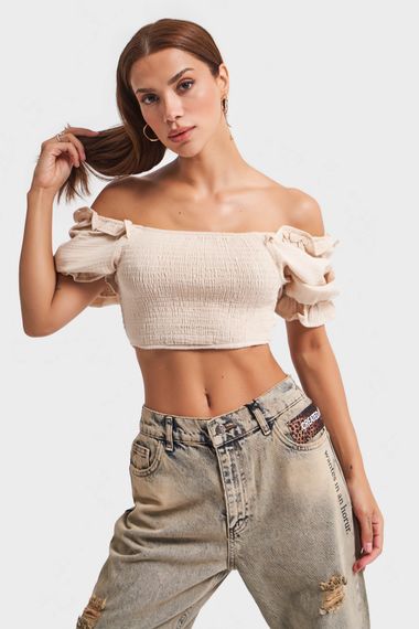 Kadın Bej Renk Esnek Kumaş Volanlı Kol Crop Top - photo 2