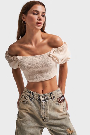 Kadın Bej Renk Esnek Kumaş Volanlı Kol Crop Top - photo 3