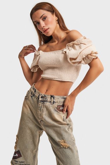 Kadın Bej Renk Esnek Kumaş Volanlı Kol Crop Top - photo 5