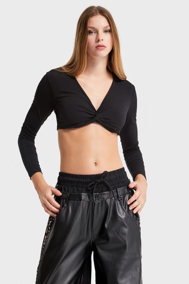 Kadın Siyah Renk Esnek Kumaş Crop Fit Top - photo 1