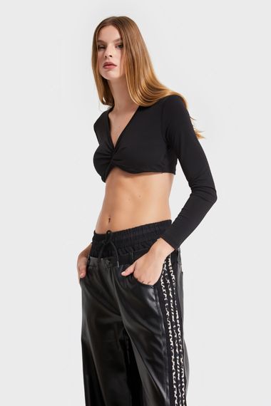 Kadın Siyah Renk Esnek Kumaş Crop Fit Top - photo 5