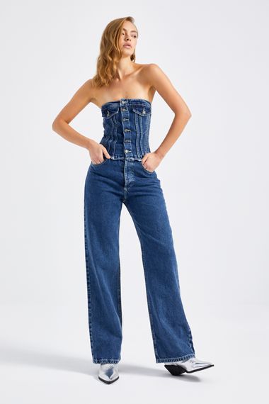 Women's Blue Color Wide Leg Fit Front Buttoned Strapless Denim Jumpsuit - photo 1