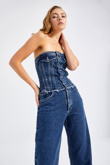 Women's Blue Color Wide Leg Fit Front Buttoned Strapless Denim Jumpsuit - photo 2