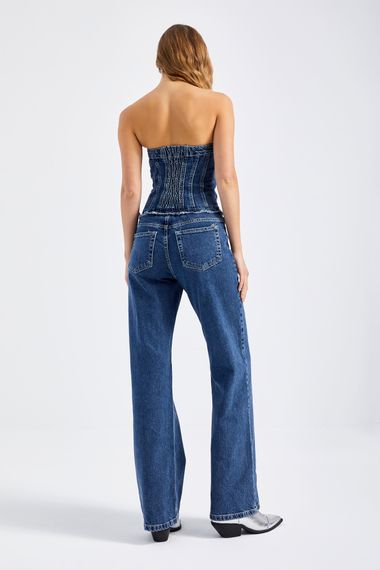 Women's Blue Color Wide Leg Fit Front Buttoned Strapless Denim Jumpsuit - photo 4