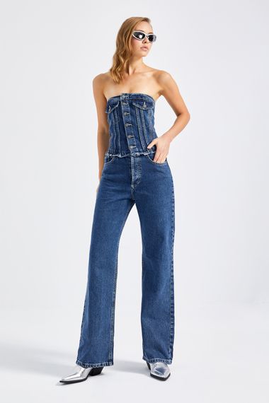 Women's Blue Color Wide Leg Fit Front Buttoned Strapless Denim Jumpsuit - photo 5