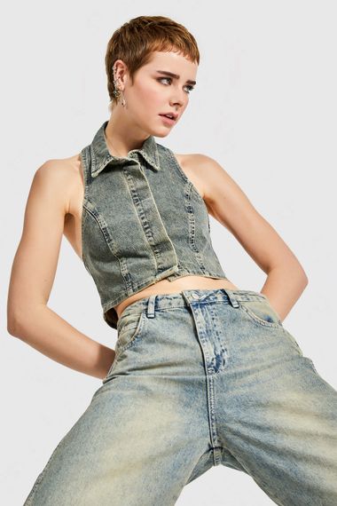 Kadın Kot Tint Rengi Önden Düğmeli Crop Denim Yelek - fotoğraf 4