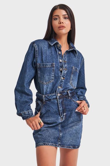 Kadın Kot Rengi %100 Koton Düğmeli Mini Denim Elbise - fotoğraf 1